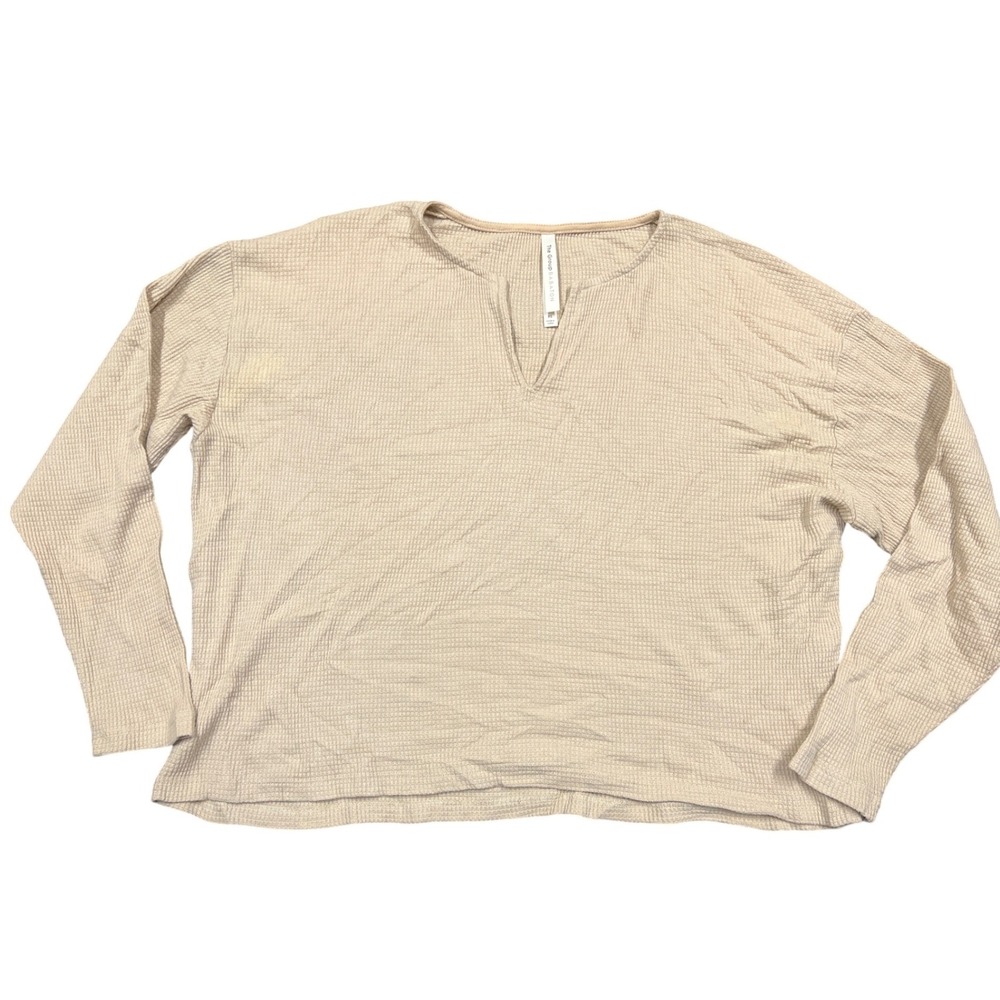 The Group by Babaton Waffle Knit Top Beige Notched V-Neck Long Sleeve XS